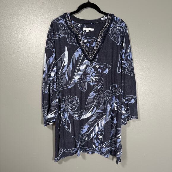 Chico's Blue Linen Boho Beaded Fringe Tunic Top - 4 (XXL) - Women's Plus Size - Picture 1 of 6
